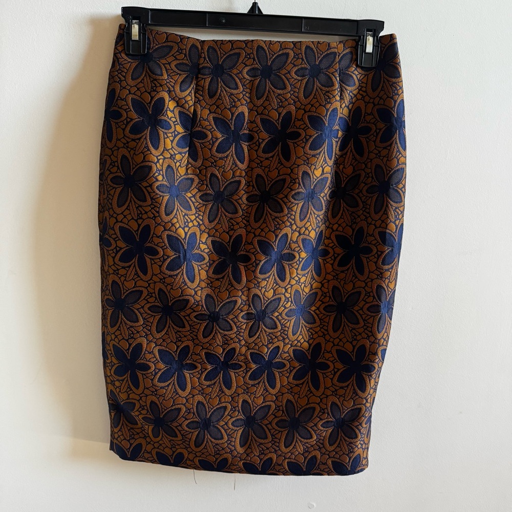 Traffic People Anthropologie Pencil Skirt Women's Large Copper Blue Floral